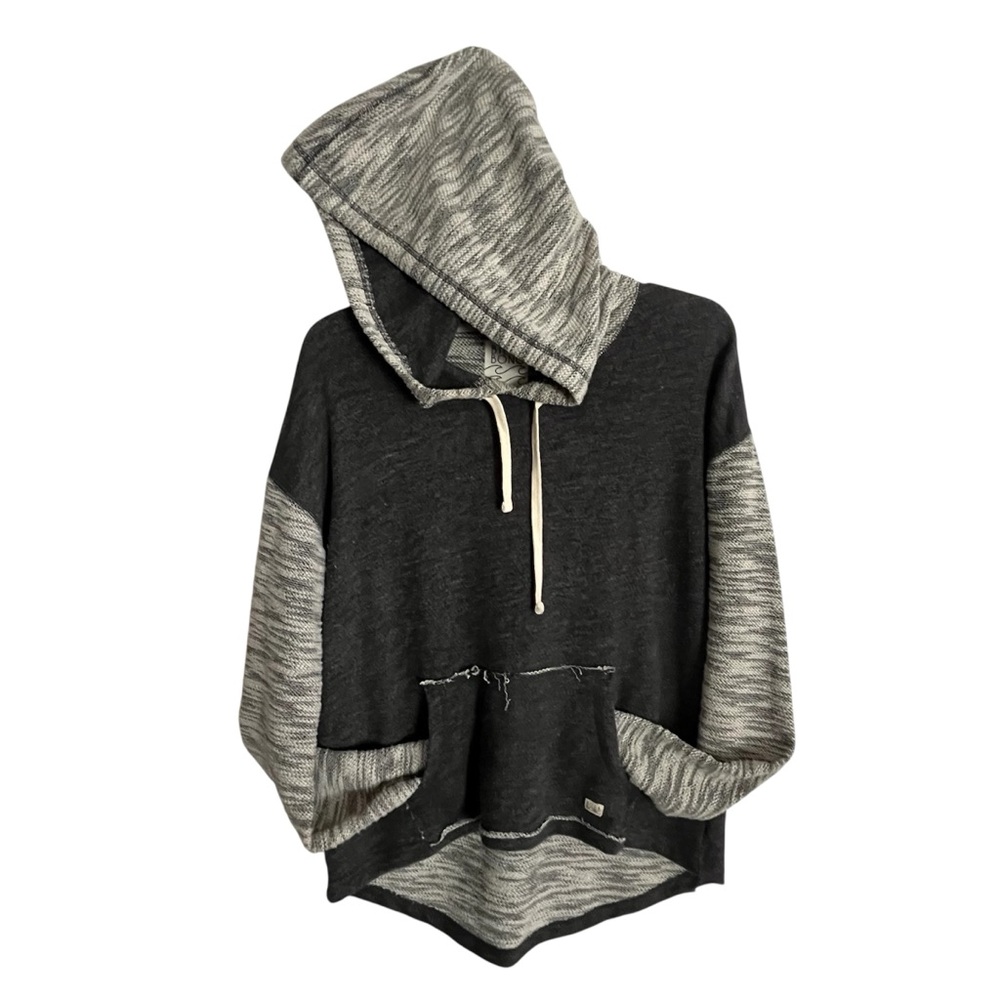 Billabong Charcoal & Grey Hi-Low Raglan Raw-Edge Kangaroo Slub-Knit Hoodie NWT